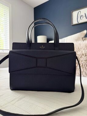 kate spade navy pebbled leather satchel with bow detail